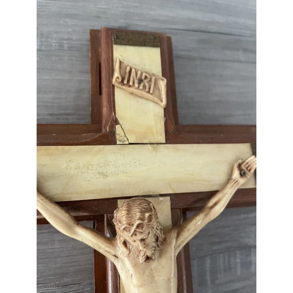 Vintage Mother‎ of Pearl Wood Crucifix Last Rites Sick Catholic Cross